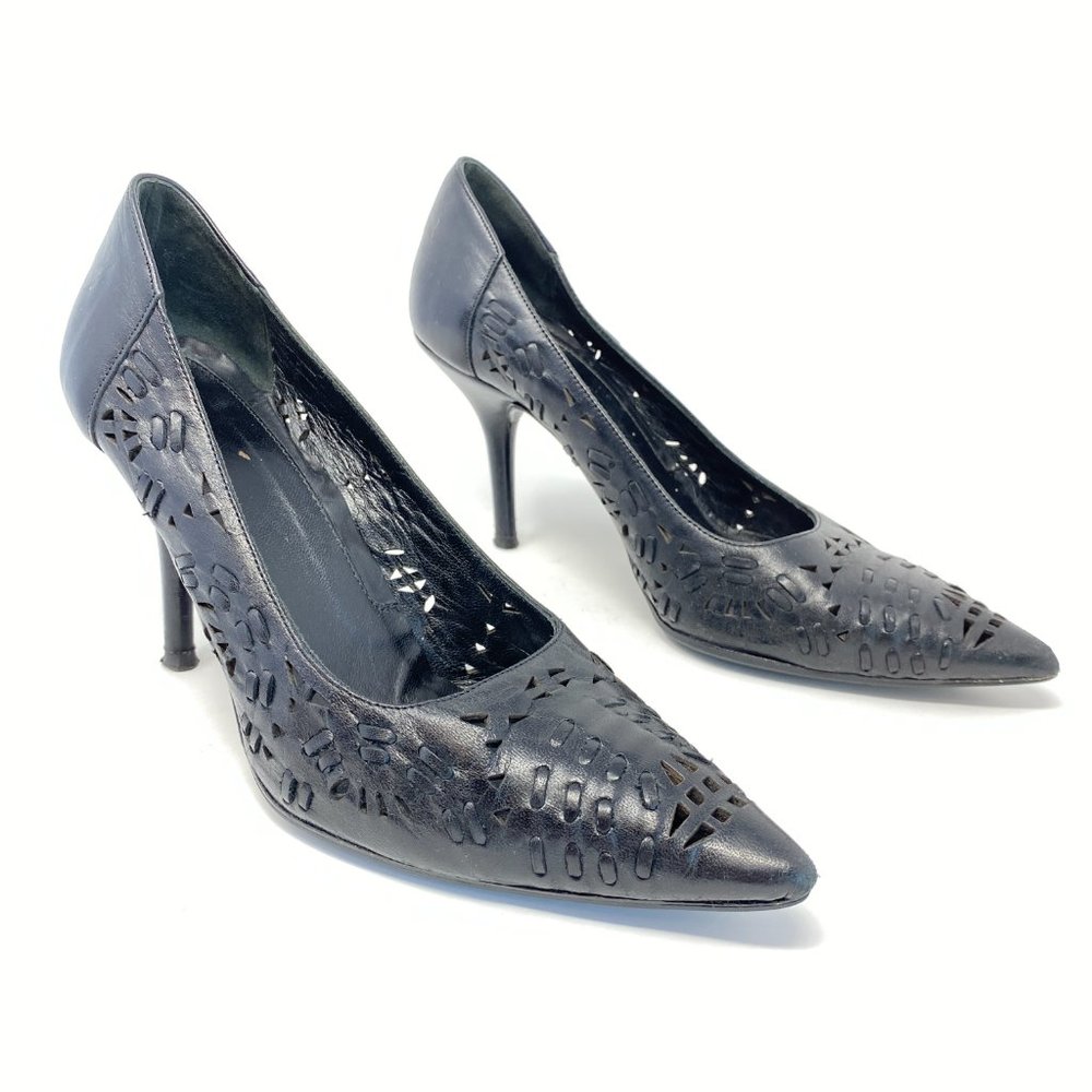 Via Spiga Black Leather Perforated Point Toe Heels